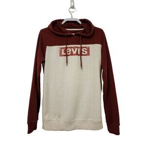 Levi's Mens Hooded Pullover Sweatshirt Oatmeal Red Colorblock Big Logo Size S